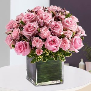25 Pink Roses & Carnations Square Glass Vase Arrangement