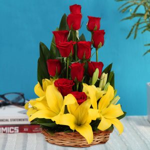 15 Red Roses & Yellow Lilies Premium Basket