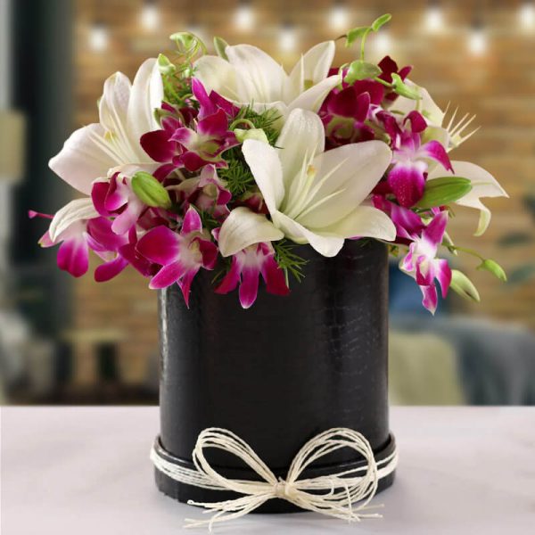 White Lilies & Purple Orchids Premium Box Arrangement