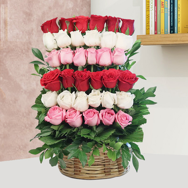 60 Mixed Roses Layered Basket Arrangement