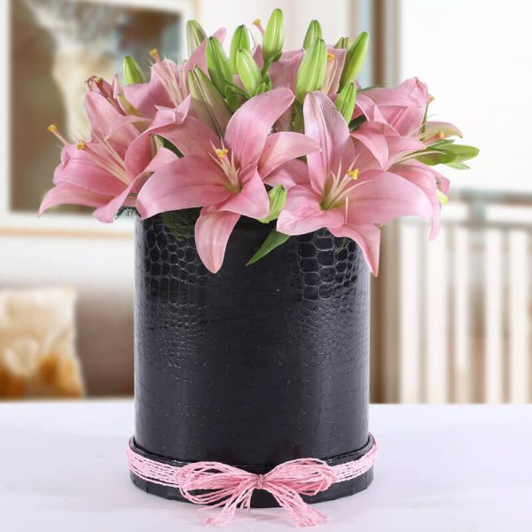 Pink Oriental Lilies Premium Black Box Arrangement