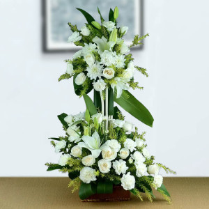 Elegant White Lilies & Roses Two-Tier Arrangement