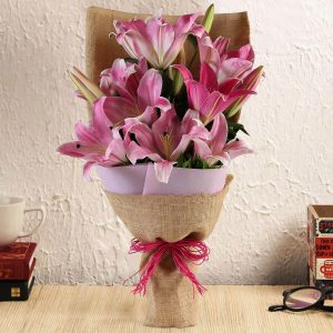 6 Pink Oriental Lilies Rustic Burlap Bouquet