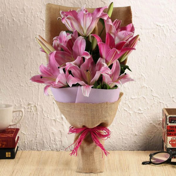 6 Pink Oriental Lilies Rustic Burlap Bouquet