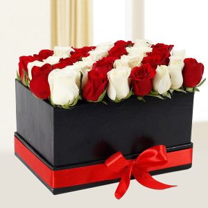 40 Red & White Roses Premium Square Gift Box