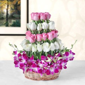 50 Pink & White Roses Tiered Basket with Orchids