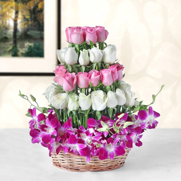 50 Pink & White Roses Tiered Basket with Orchids