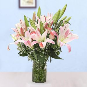 GiftWift Pink Oriental Lilies in Premium Glass Vase