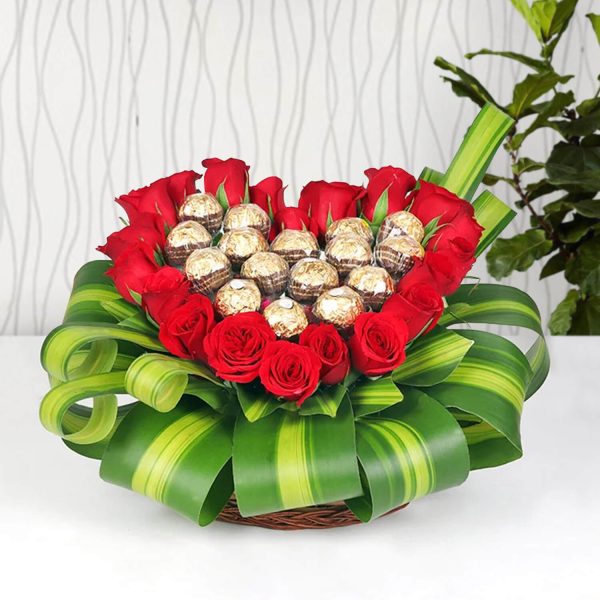 Heart-Shaped Red Roses with Ferrero Chocolates