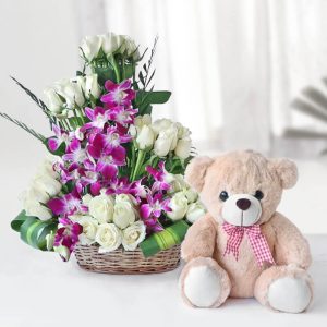 White Roses & Orchids Basket with Teddy