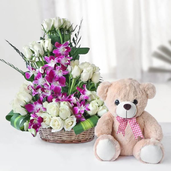 White Roses & Orchids Basket with Teddy