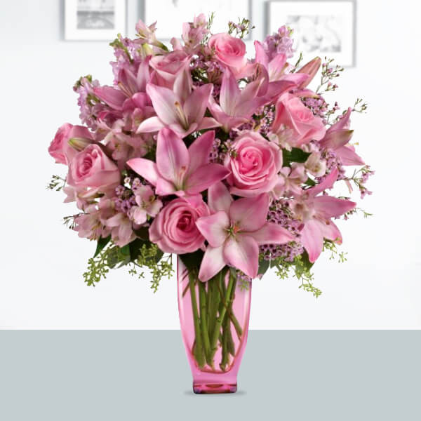 Elegant Pink Roses & Lilies Vase Arrangement