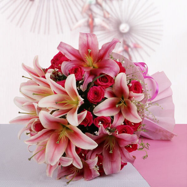 Pink Lilies & Red Roses Hand Bouquet