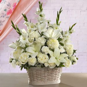 Elegant White Floral Basket Arrangement