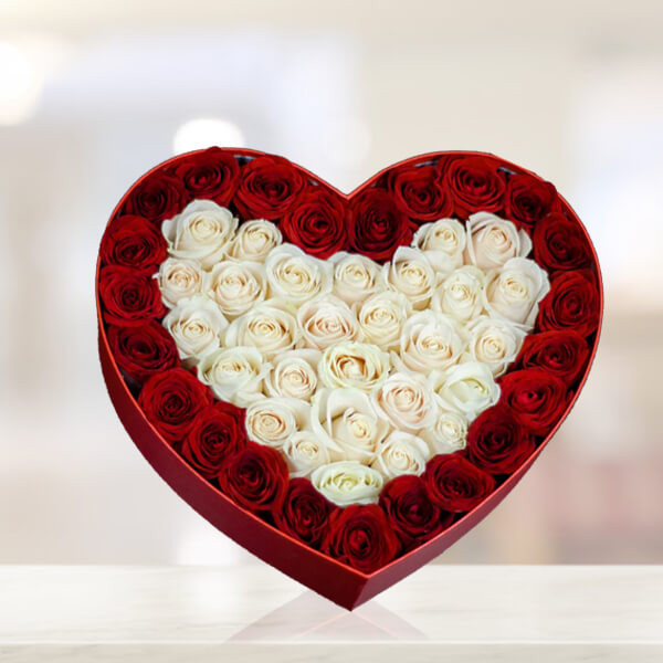 Heart Box with Red & White Roses