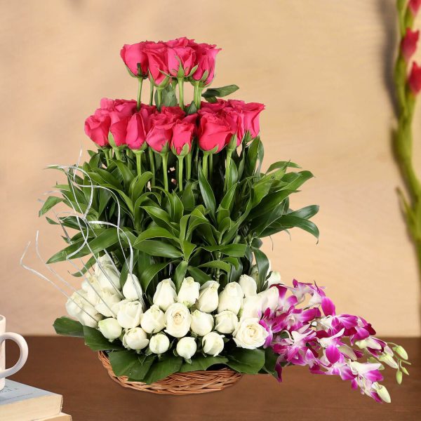 Pink Roses with White Roses & Orchids Basket