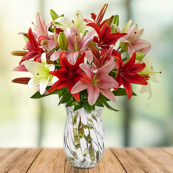 GiftWift Mixed Asiatic Lilies in Elegant Glass Vase