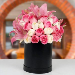 Pink & White Roses with Lilies in Black Box