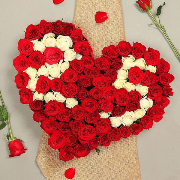 Heart-Shaped Red & White Roses Arrangement