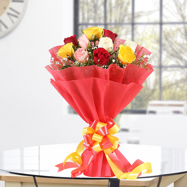12 Mixed Color Roses Bouquet Hand Wrapped