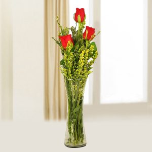 3 Red Roses in Tall Glass Vase Arrangement