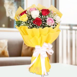 10 Mixed Color Roses Hand Bouquet in Yellow Wrap