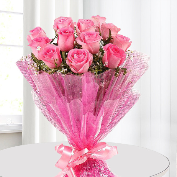 GW-0060 10 Pink Roses Fresh Hand Bouquet Wrap
