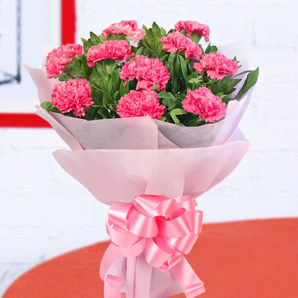 12 Pink Carnations Bouquet Wrapped in Soft Pink Paper