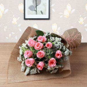 12 Pink Roses Rustic Burlap Wrapped Bouquet