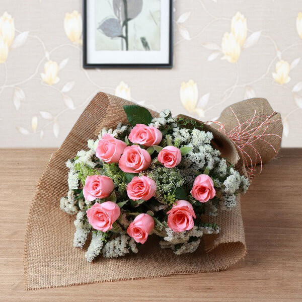 12 Pink Roses Rustic Burlap Wrapped Bouquet