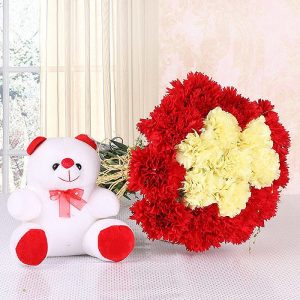 GW-0067 Red Yellow Carnation Bouquet with Cute Teddy