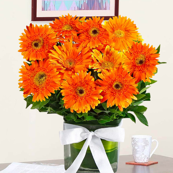 10 Orange Gerbera Flowers in Glass Vase