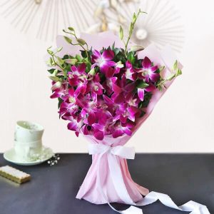 GW-0069 12 Purple Orchid Stems Wrapped Bouquet