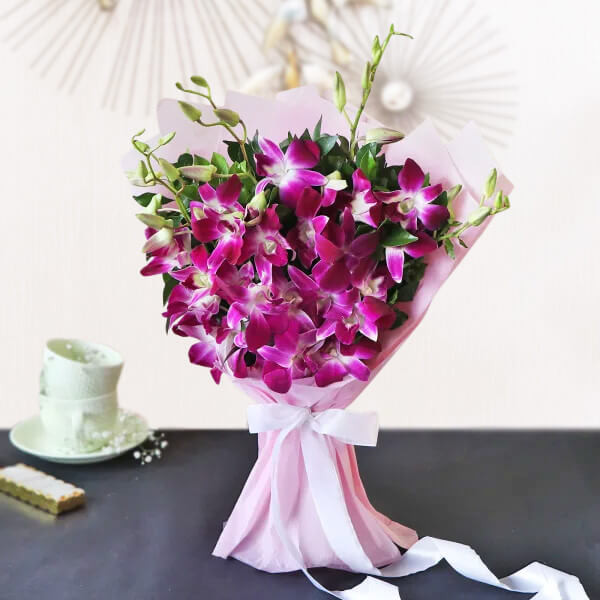 12 Purple Orchid Stems Wrapped Bouquet