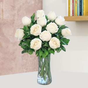 GW-0070 12 White Roses in Elegant Glass Vase