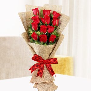 12 Red Roses Wrapped in Jute Bouquet