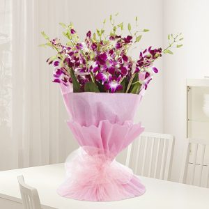 GW-0074 10 Purple Orchids in Pink Wrapped Bouquet