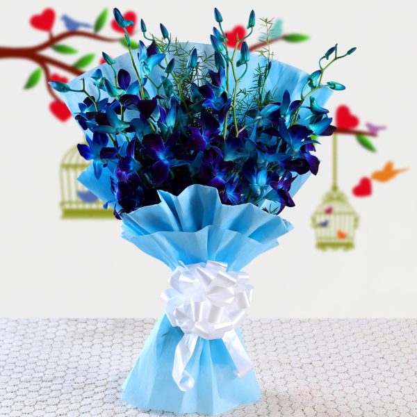 12 Blue Orchids Wrapped in Blue Bouquet