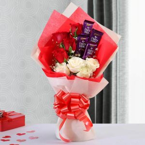 Red & White Roses with Dairy Milk Chocolate Bouquet
