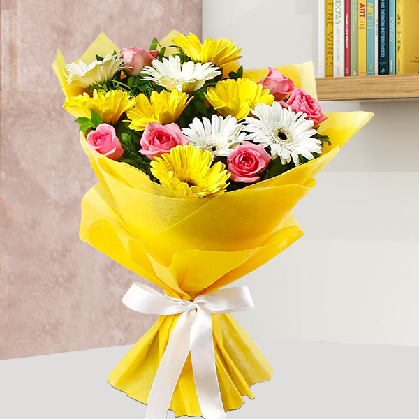 Mixed Gerberas and Pink Roses Yellow Wrap Bouquet