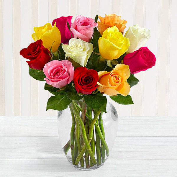 12 Mixed Color Roses in Elegant Glass Vase