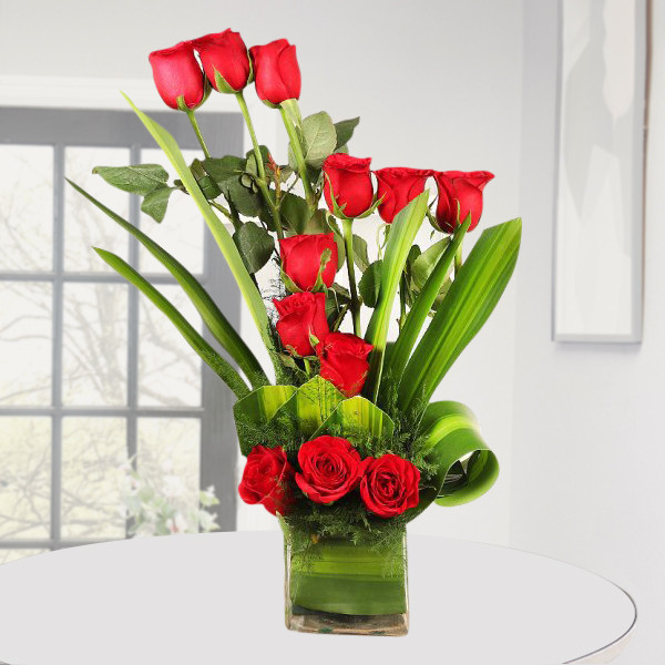 12 Red Roses Artistic Glass Vase Arrangement
