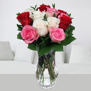 Mixed Roses in Elegant Glass Vase Arrangement