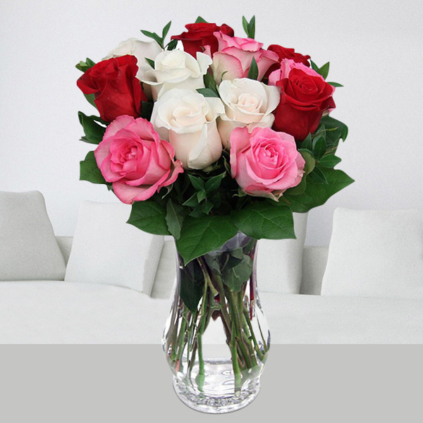 Mixed Roses in Elegant Glass Vase Arrangement