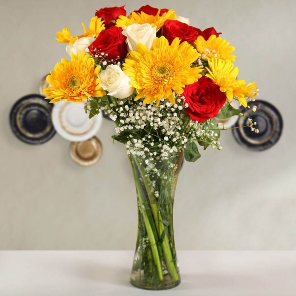 Vibrant Gerbera and Roses Vase