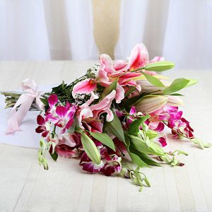Pink Lilies and Purple Orchids Hand Bouquet