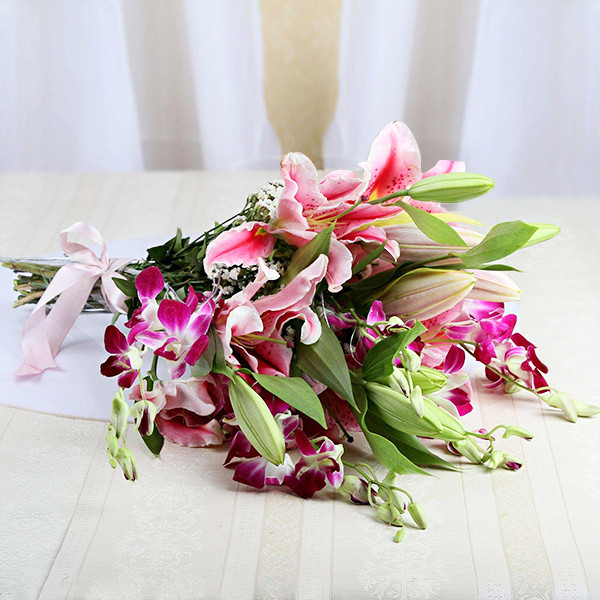 Pink Lilies and Purple Orchids Hand Bouquet