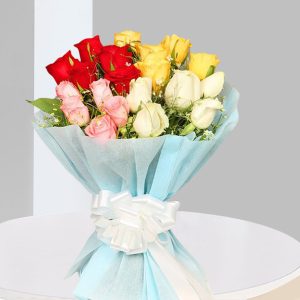 20 Mixed Roses Bouquet in Blue Wrap