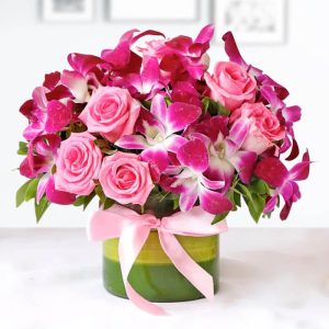 Pink Roses & Orchids Arrangement in Glass Vase