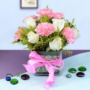 Pink Carnations & White Roses in Glass Vase